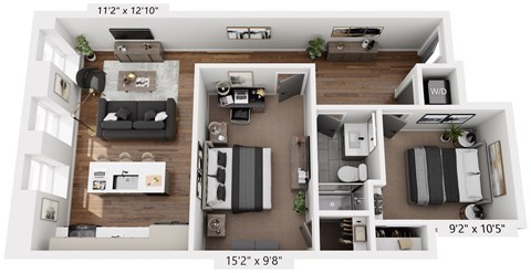Floor plan for 2 beds, 1 bath, 563 sqft